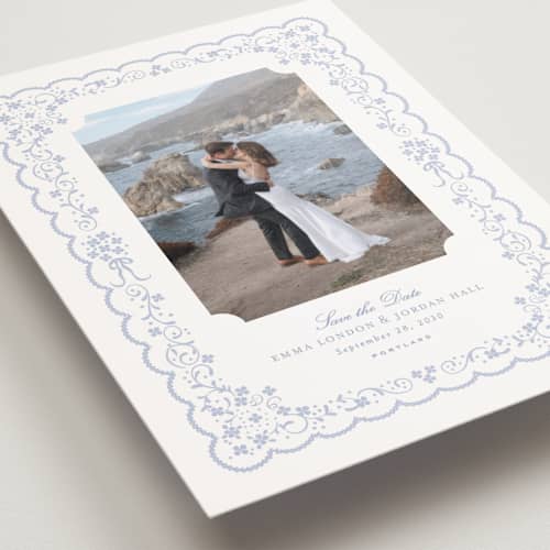 This is a something blue save the date postcards with standard by Erin L. Wilson called tillie printing on signature in postcard