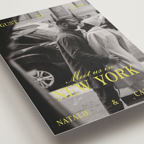 This is a sunline save the date postcards with standard by Pixel and Hank called metro printing on signature in postcard