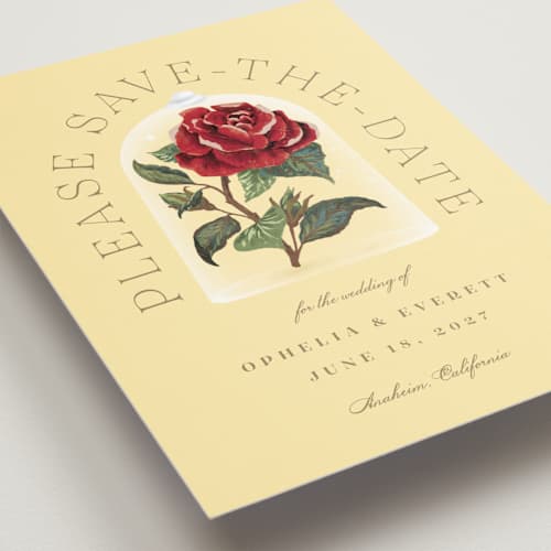 This is a minosa save the date postcards with standard by Leah Bisch called enchanted rose from disney's beauty & the beast printing on signature in postcard