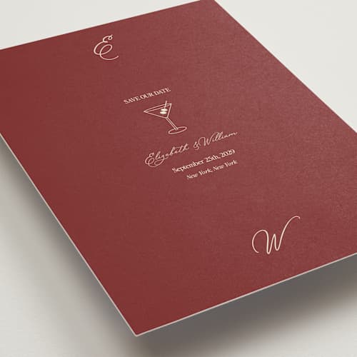 This is a burgundy save the date postcards with standard by Helena Vitto called elizabeth printing on signature in postcard