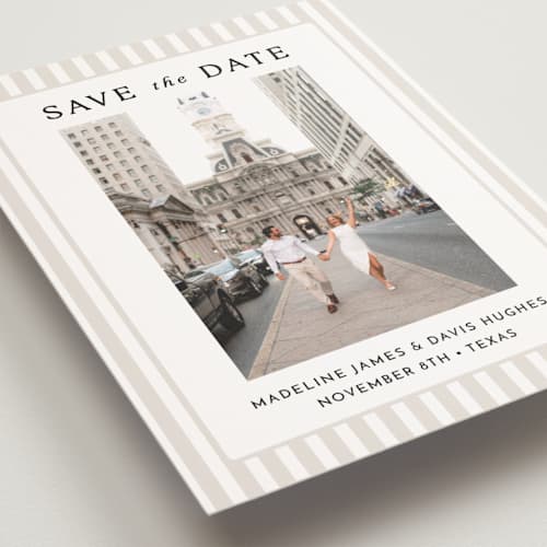 This is a latte save the date postcards with standard by First Rodeo Design called classic stripe printing on signature in postcard