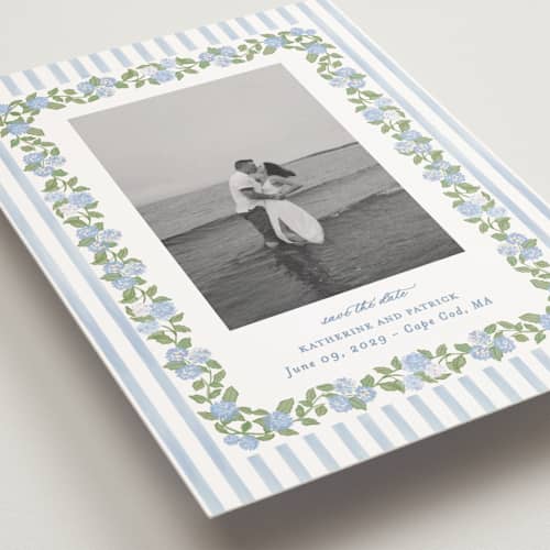 This is a ocean save the date postcards with standard by Creo Study called pillowy border printing on signature in postcard
