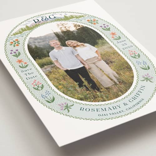 This is a pine save the date postcards with standard by Paper Sun Studio called river valley printing on signature in postcard