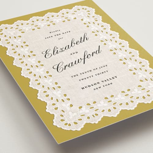 This is a citrine save the date postcards with standard by Olivia Kanaley Inman called eyelet printing on signature in postcard