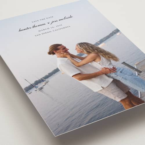 This is a tuxedo save the date postcards with standard by Michelle Buckner called horizon printing on signature in postcard