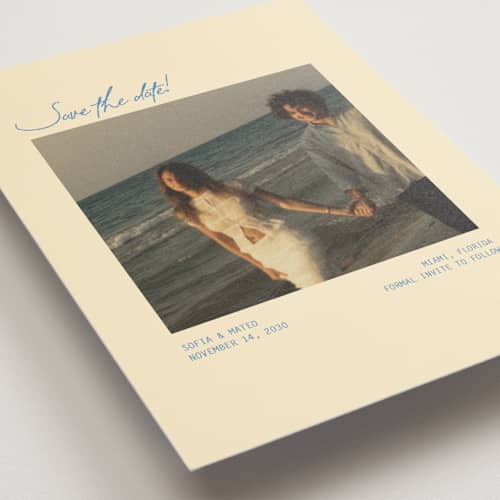 This is a beachy save the date postcards with standard by Design Lotus called the summer we said yes printing on signature in postcard