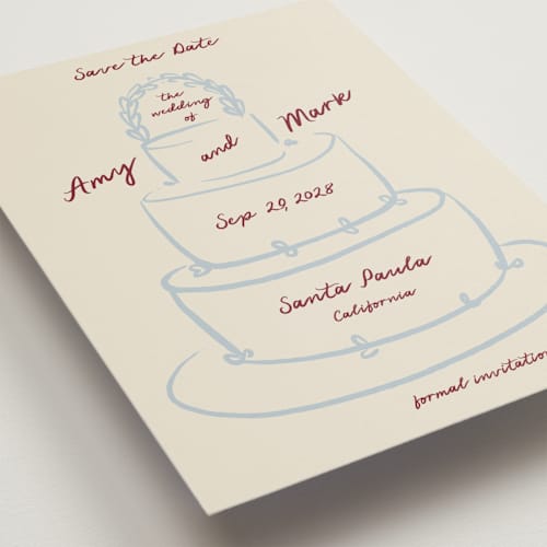 This is a chiffon save the date postcards with standard by Ani Somi called cake printing on signature in postcard