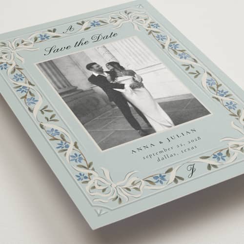 This is a sky save the date postcards with standard by Ana de Sousa called romantic elegance printing on signature in postcard