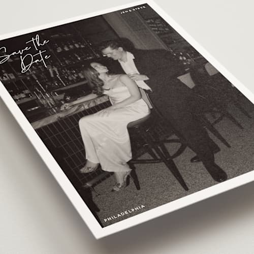 This is a cloud save the date postcards with standard by Inkblot Design called corners printing on signature in postcard