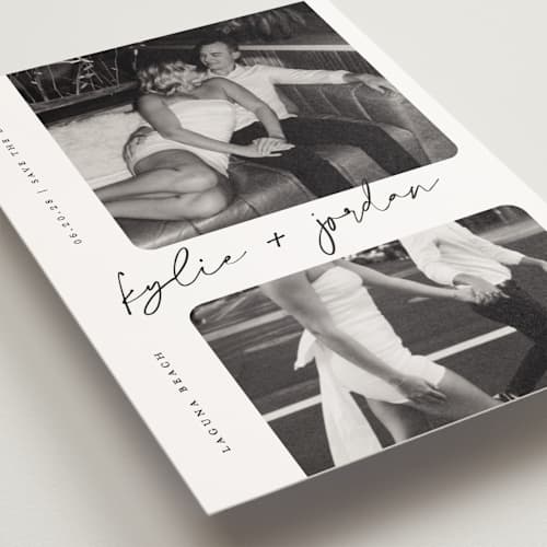 This is a snow save the date postcards with standard by Sarah Curry called signature snapshots printing on signature in postcard