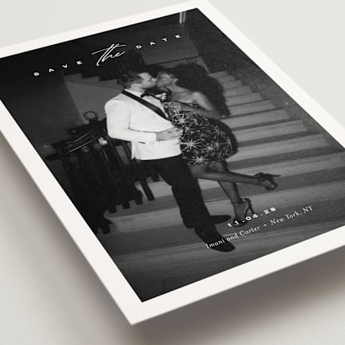 This is a diamond save the date postcards with standard by Eric Clegg called casual elegance printing on signature in postcard