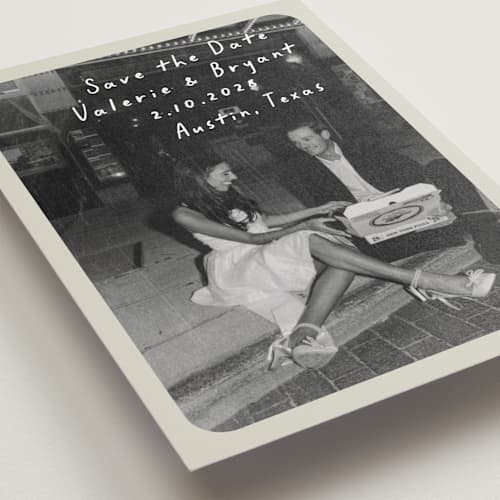 This is a toasted marshmallow save the date postcards with standard by Anna Elder called film printing on signature in postcard