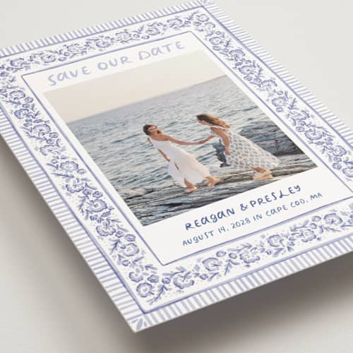 This is a cerulean save the date postcards with standard by Jenna Holcomb called provincial printing on signature in postcard