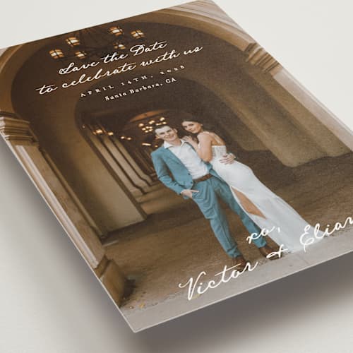 This is a ivory save the date postcards with standard by Alethea and Ruth called celebration xo printing on signature in postcard