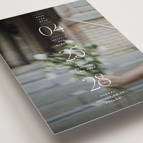 This is a chiffon save the date postcards with standard by Heather Schertzer called updated printing on signature in postcard