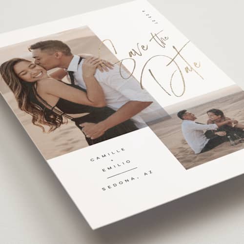 This is a ink save the date postcards with foil pressed by Kristie Kern called flirt printing on signature in postcard