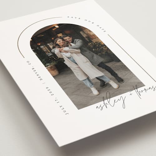 This is a silk save the date postcards with foil pressed by Kelly Schmidt called arch printing on signature in postcard