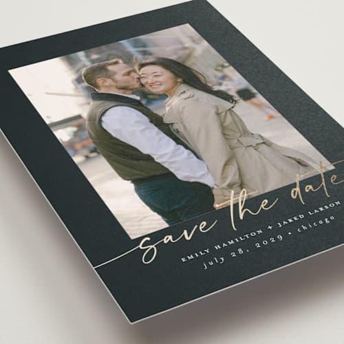 This is a midnight save the date postcards with foil pressed by Nicole Walsh called wrapped printing on signature in postcard