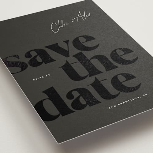This is a evening save the date postcards with foil pressed by Eric Clegg called retro printing on signature in postcard