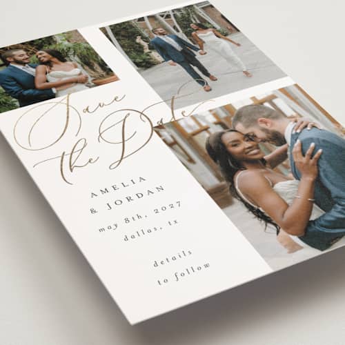 This is a snow save the date postcards with foil pressed by AK Graphics called whimsy printing on signature in postcard