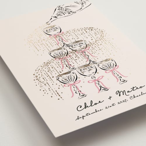 This is a petal save the date postcards with foil pressed by Jackie Crawford called sparkling champagne tower printing on signature in postcard