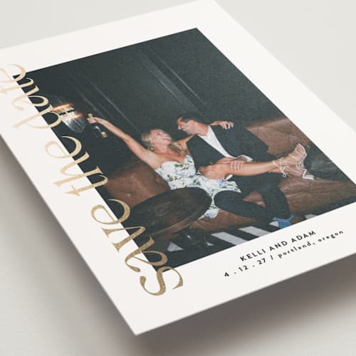 This is a pearl save the date postcards with foil pressed by Roxy Cervantes called cover page printing on signature in postcard