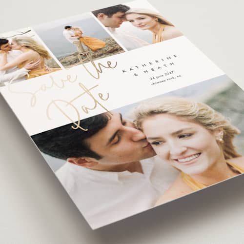 This is a cotton save the date postcards with foil pressed by Stacey Meacham called can't wait printing on signature in postcard