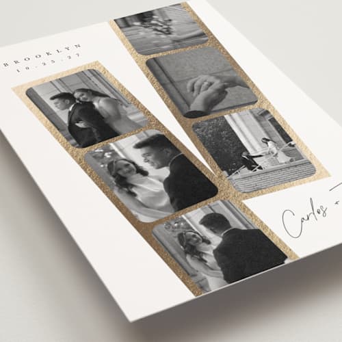 This is a pearl save the date postcards with foil pressed by Leah Bisch called snapshots printing on signature in postcard