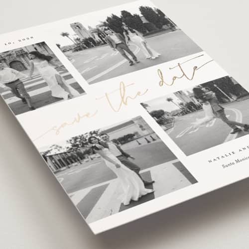 This is a snow save the date postcards with foil pressed by Sarah Curry called minimal holiday gallery printing on signature in postcard