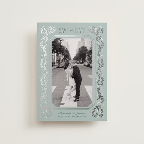 This is a seafoam petite save the dates with foil pressed by Laura Hankins called ornate vines printing on recycled smooth signature in petite