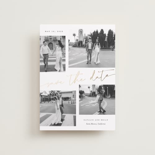 This is a snow petite save the dates with foil pressed by Sarah Curry called minimal holiday gallery printing on recycled smooth signature in petite