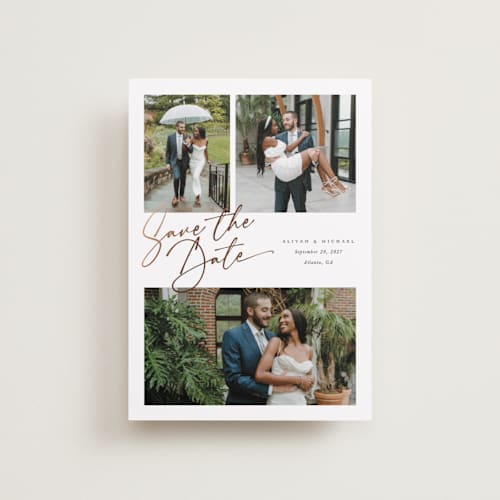 This is a pearl petite save the dates with foil pressed by Melanie Kosuge called three printing on recycled smooth signature in petite