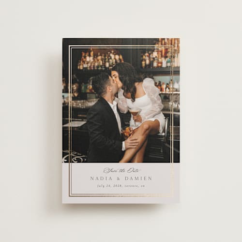 This is a linen petite save the dates with foil pressed by Nicole Walsh called shimmer printing on recycled smooth signature in petite