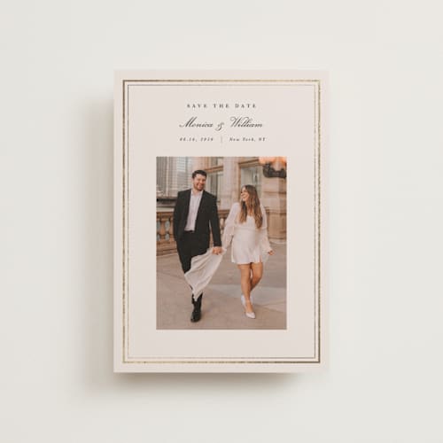 This is a ivory petite save the dates with foil pressed by Christy Hy Lee called refine frame printing on recycled smooth signature in petite