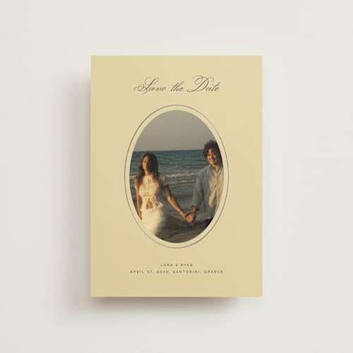 This is a butter petite save the dates with foil pressed by Ani Somi called finer things printing on recycled smooth signature in petite
