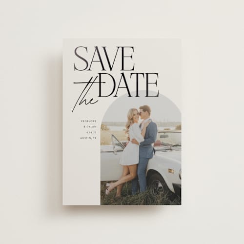 This is a ecru petite save the dates with foil pressed by Morgan Kendall called penelope printing on recycled smooth signature in petite