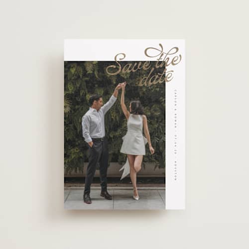 This is a pearl petite save the dates with foil pressed by Chryssi Tsoupanarias called swirling printing on recycled smooth signature in petite