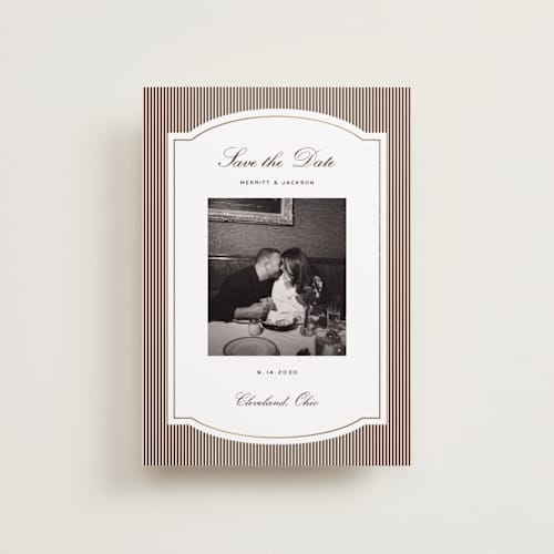 This is a mahogany petite save the dates with foil pressed by Emily Betts called lines frame printing on recycled smooth signature in petite