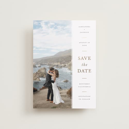 This is a chiffon petite save the dates with foil pressed by Ashley Rosenbaum called effortless printing on recycled smooth signature in petite