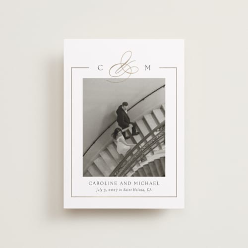 This is a silk petite save the dates with foil pressed by Kelly Schmidt called framed monogram printing on recycled smooth signature in petite