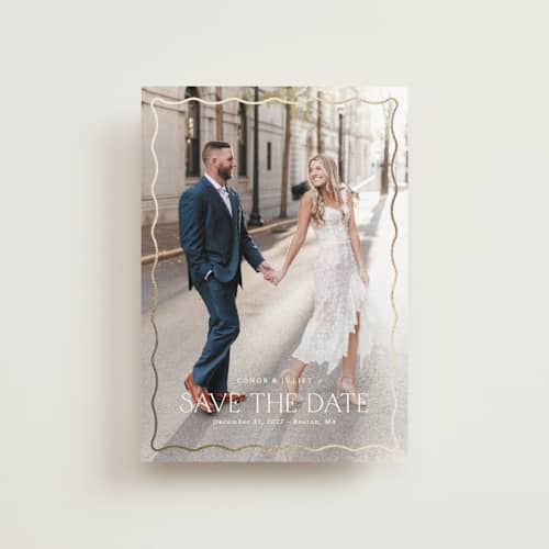 This is a cloud petite save the dates with foil pressed by Kaydi Bishop called scalloped border printing on recycled smooth signature in petite