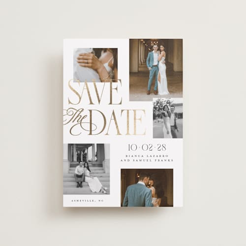 This is a paperwhite petite save the dates with foil pressed by Laura Hankins called layered printing on recycled smooth signature in petite