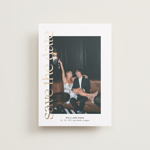 This is a pearl petite save the dates with foil pressed by Roxy Cervantes called cover page printing on recycled smooth signature in petite