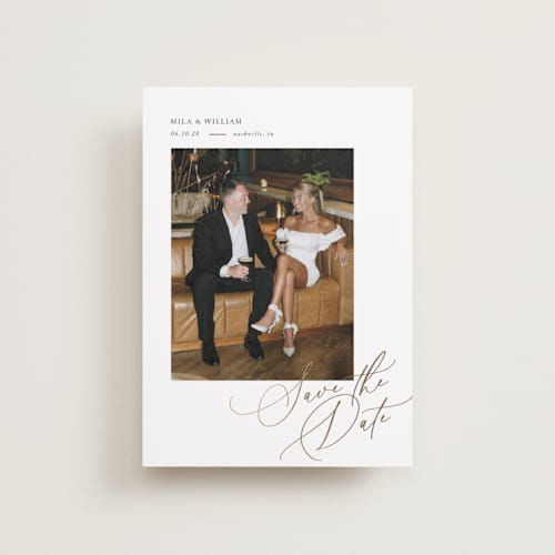 This is a pearl petite save the dates with foil pressed by Melanie Kosuge called side swept printing on recycled smooth signature in petite