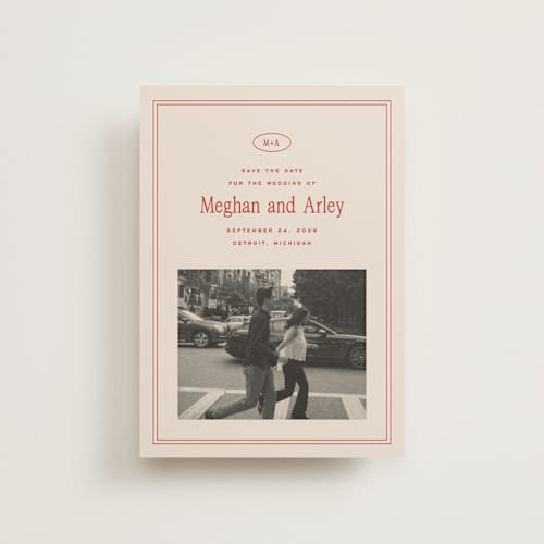 This is a cherry petite save the dates with standard by Ellen Schlegelmilch called cherry printing on recycled smooth signature in petite