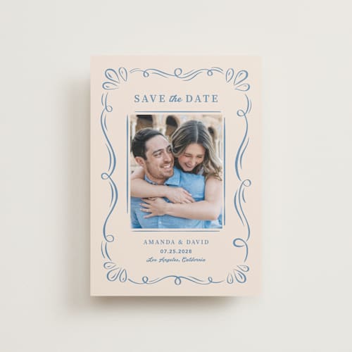 This is a dusty blue petite save the dates with standard by Lucia Saisse called happy day printing on recycled smooth signature in petite