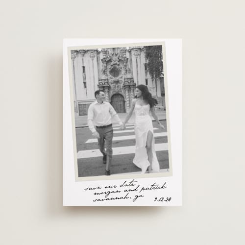 This is a ivory petite save the dates with standard by Maja Cunningham called venecia printing on recycled smooth signature in petite