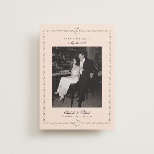 This is a blush petite save the dates with standard by Susan Moyal called monogramed printing on recycled smooth signature in petite