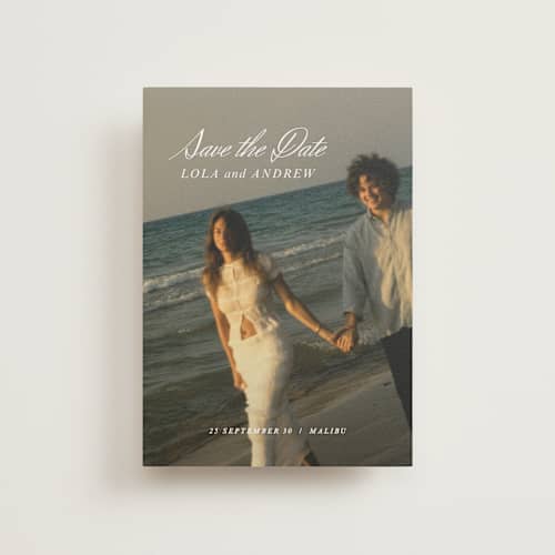 This is a pearl petite save the dates with standard by Stacey Day called essence printing on recycled smooth signature in petite