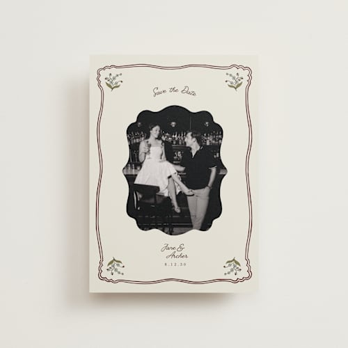 This is a wine petite save the dates with standard by Olivia Brinks called married + matted photo printing on recycled smooth signature in petite
